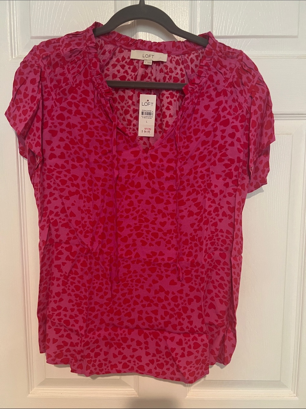 LOFT Pink Heart-Print Short Sleeve Blouse